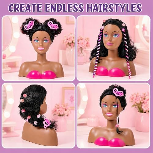 Cleboen Hair Styling Doll Head for Girls, Pretend Play Beauty Salon Makeup Kit with Hair Dryer, Straightener & Real Nail Polish, 35PCS Hair Accessories Playset, Birthday Gifts for Girls Age 4-6 6-8 - Image 6