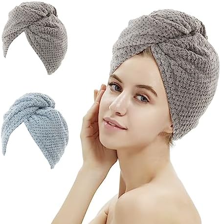 M-bestl 2 Pack Absorbent Microfiber Hair Towel Wrap,Anti-frizz Hair Drying Towel with Button to Dry Hair Quickly,25.6X9.8 inch (Gray&Blue) by awesomeOralcareproduct