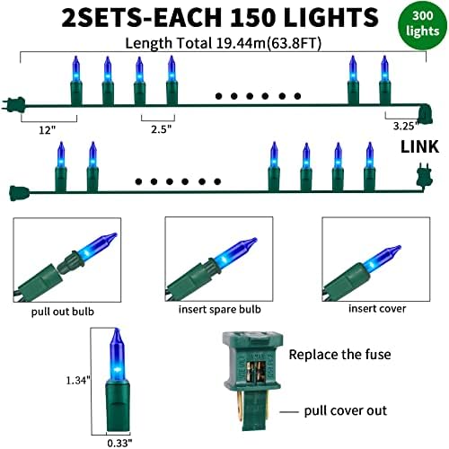 Ultra-Bright Connects End to End Blue Christmas Mini Light 300L 63.8Ft(2Sets-Each 150L)UL Listed Incandescent Bulb String Light for Indoor Outdoor Holiday Garden Party Christmas Tree Decor - Image 3
