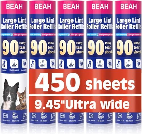 BEAH Large Lint Roller for Pet Hair Extra Sticky,9.45''Pet Hair Removal Tool Roller for Pet Dog Cat Hair (5 Long Rolls) by BEAH