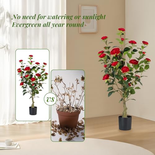 Artificial Camellia Tree 2 Pack, 3FT Faux Camellia Plant in Pot, 36 inch Fake Potted Camellia Flower Tree Plastic Camellia Tree for Modern Home Office Christmas Living Room Floor Decor Indoor, Red - Image 5