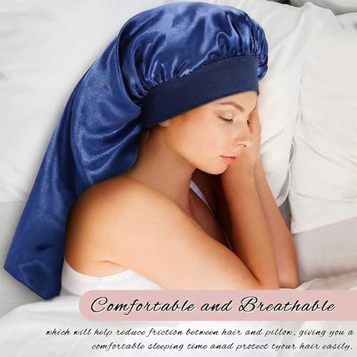 2Pcs Long Satin Bonnet Sleep Caps, Hair Bonnets,Black+Navy Blue - Image 4