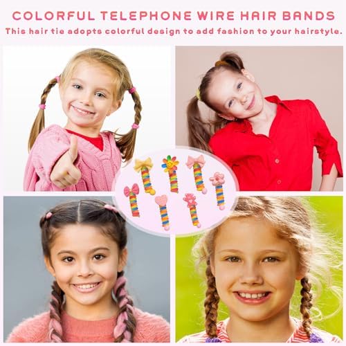 YONOY Colorful Telephone Wire Hair Bands for Kids, 7 Pcs Bowknot Braided Spiral Hair Ties, Ponytail Cord Hair Ties for Girls, No Damage Hair Elastics - Image 4