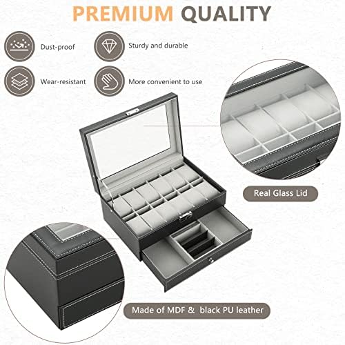 MYFULLY 2-Layer Watch & Jewelry Box with Drawer, PU Leather Display Case - Image 3