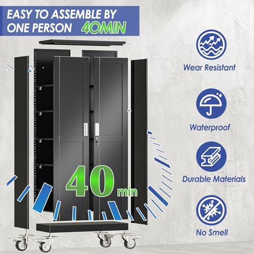 75" Metal Garage Storage Cabinet with Wheels and Locking Doors and Tall Rolling Steel Tool Cabinet with 5 Adjustable Shelves for Garage,Home,Office,Shop (Black, 75''H x 32''W x16''D) - Image 4