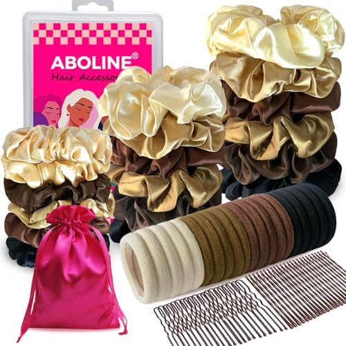 Hair Accessories Kit with 18 Stain Scrunchies for Women(S/M/L), 20 No Damage Seamless Hair ties, 100 Bobby Pins, Travel Organizer Box & Gift Pouch(6 Neutral Colors) by ABOLINE