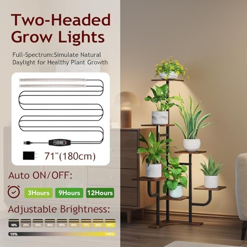 Corner Plant Stand with Grow Light - 6 Tier Plant Stand Indoor Square Metal Plant Shelf with Adjustable Light, Plant Organizer for Living Room, Graden, Home Decor, Brown - Image 3