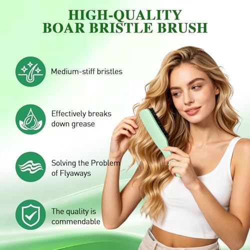 Boar Bristle Slick Back Hair Brush for Smooth Flyaways, Frizz, Sleek Ponytail, Buns and Edge Baby Hair | Edge Brush, Teasing Brush Rat Tail Comb Styling Accessories for Girls, Kids, Women & Men(Green) - Image 3