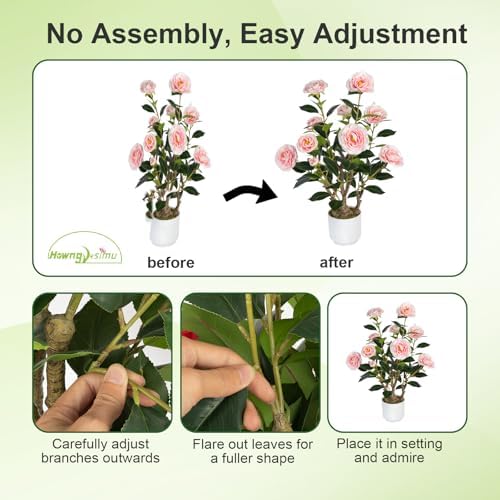 2 Pack Artificial Camellia Tree with White Pot, 24" Faux Potted Plants for Indoor Outdoor Decor, Tall Silk Greenery Plant for Home Office Living Room Balcony, Pink - Image 6
