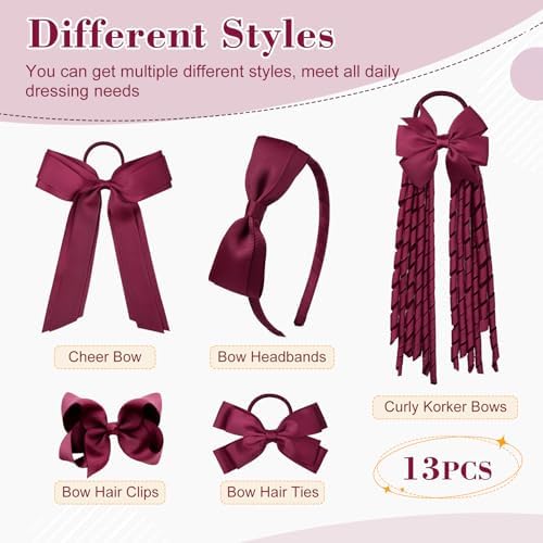 DEEKA Burgundy School Hair Accessories Set 13 Pcs Uniform Hair Bow Headband Clips Hair Ties Curly Korker Bows for Little Toddler School Girls (Burgundy) - Image 2