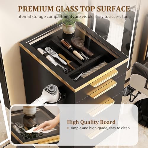 OmySalon Salon Station, Wall Mount Salon Stations for Hair Stylist, Barber Cabinet with Glass Top, Drawers & Dryer Holder, Storage Furniture for Barbershop, Beauty SPA, Black - Image 3