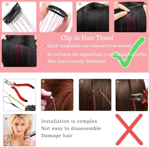 Pink Hair Tinsel Pack of 12 Pcs Clip in Hair Tinsel 20 Inch Glitter Tinsel Hair Extensions, Festival Tinsel Fairy Hair Extension Party Dazzle Hair Accessories Strands Kit(12Pcs,Pink#) - Image 4