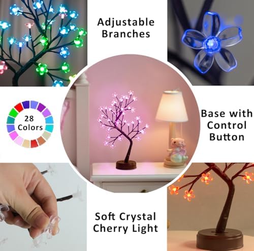 Pooqla RGB Cherry Blossom Tree Light with Remote 28 Colors LED Artificial Flower Bonsai Tree, RGB Table Top Lamp Home Lit Tree Valentine's Day Decoration 36 LED, Brown Branch - Image 4