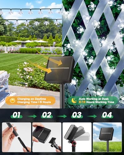 Brightown 2 Pack Total 52FT 120 LED Solar String Lights Flower Outdoor Waterproof Fairy Lights for Garden Yard Fence Patio Christmas Tree Wedding Party Decor, Pure White - Image 5