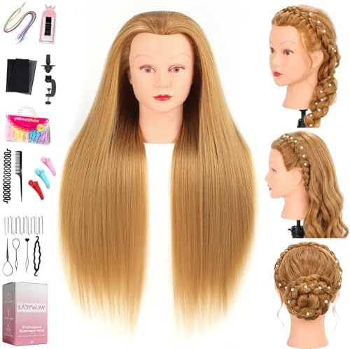 28 Inch Mannequin Head with 80% Human Hair Face Mannequin Head for Hair styling Practice - Curling, Braiding, Cutting Multiple Hair Colors with Table Clamp Stand for Kids and Professionals by LADYWOW