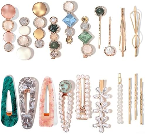 Mehayi 20 PCS Pearls and Acrylic Resin Hair Clips, Handmade Hair Barrettes, Marble Alligator bobby pins, Glitter Crystal Geometric Hairpin, Elegant Gold Hair Accessories, Gifts for Women Girls by Mehayi