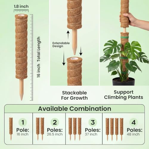 4 Pack 16" Moss Pole Monstera Plant Support - Stackable up to 48" - Image 3