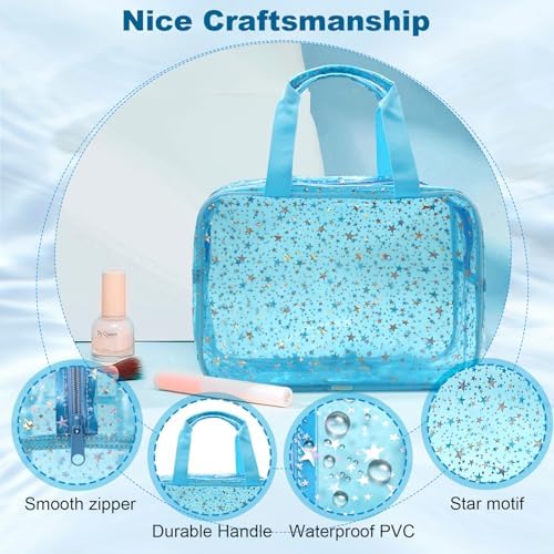 Clear Blue Star Large Makeup Bag with Star Pattern 12x5x8 inch, Travel Cosmetic Bag with Handle, Durable PVC Material Washbag Zipper Opening Design for Makeup Travel Organizer or Gym Use - Image 3