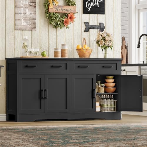 usikey 55" Buffet Cabinet with Storage and Drawers, Large Sideboard Buffet Cabinet with Adjustable Shelves and Doors, Modern Coffee Bar for Kitchen, Living Room, Black - Image 5