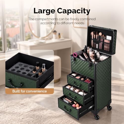 OmySalon Rolling Makeup Train Case with 3 Drawers, Cosmetology Case on Wheels w/Pull Handle and Removable Wheels, Large Cosmetic Organizer Storage Box for Nail Tech, Makeup Artist(Dark Green) - Image 3