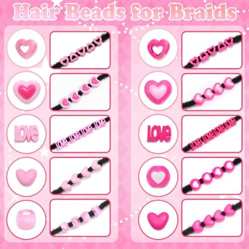 NAISKA 116PCS Pink Beads for Hair 10 Styles Box Braids Beads Hot Pink Pony Bead Lovely Heart Loc Jewelry Cute Braids Accessories for Kids Girls - Image 6