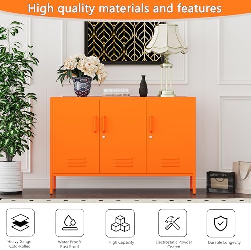 32" Orange 3 Door Lockable Metal Cabinet, Freestanding Multipurpose Heavy Duty Storage Locker with Adjustable Shelves for Home Office Kitchen Living Room Bedroom - Image 4