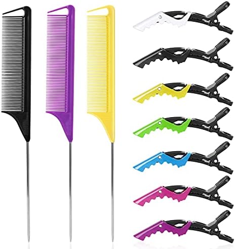Hair Styling Combs and Clips Set - Rat Tail Teasing Combs with Steel Pin, Sectioning Alligator Clips for Braiding, Parting, and Salon Use by Kunihiko