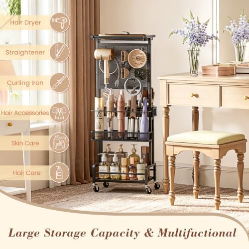 Hair Tool Organizer Cart with Hair Dryer Holder, Narrow Bathroom Storage Cart for Curling Flat Iron & Hot Tools, Slim Hair Appliance Organizer for Vanity Styling Tools (Black) - Image 3