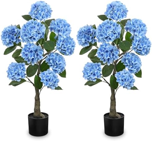 3FT Blue Hydrangea Artificial Flowers Tree Large Real Touch Faux Silk Hydrangea Plants Potted Fake Flower in Black Pot for Home Indoor Outdoor Front Porch Garden Entrance Living Room Decor, 2 Pack by Hollyone