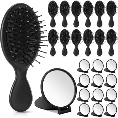 Meanplan 24 Pcs Mini Hair Brush Set 12 Travel Wet Dry Hair Combs Pocket Detangling 12 Compact Folding Makeup Mirrors for Spa Sleepover Birthday Bridal Shower Bachelorette Christmas Party Gift (Black) by Meanplan