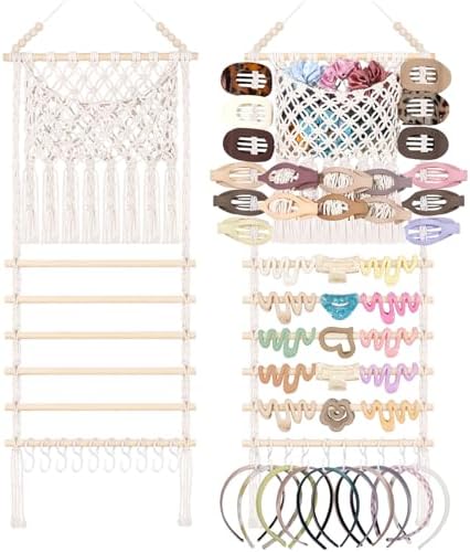 SNOWSTAR Macrame Hair Claw Clip Organizer,Large Capacity Mesh Bag Scrunchies Holder and Hair Ties Organizer for Women Girls,Hair Accessorie Hanging Storage Home Decor Wall,Door by WelcometoSNOWSTAR