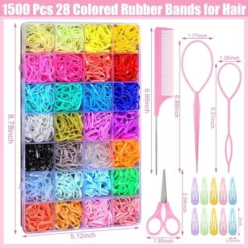 auroray 28 Colors Rubber Bands for Hair, 1500 Pcs Elastic Hair Ties Mini Hair Rubber Bands with 4 Hair Styling Tools 10 Hair Clips Toddler Hair Accessories for Baby Girl Kids - Image 2