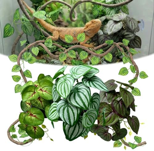 5 Pcs Reptile Plants & Habitat Decor Kit - Artificial Plants & Large 3.3ft Jungle Vine Branch, Artificial Leaves with Suction Cup Tank Decor Accessories for Crested Gecko, Lizard, Snake,Forg,Tortoise by FuntinshdyBrand
