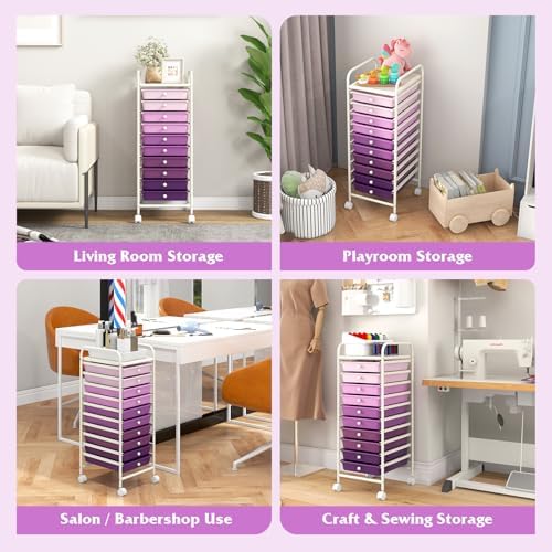 Giantex 10-Drawer Storage Cart w/Universal Wheel, Rolling Cart w/Handle, Home Organizer Storage Unit w/Removable Drawers, Trolley Utility Cart for Kitchen Makeup Living Room Office Play Room - Image 4