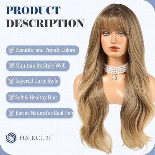 HAIRCUBE Long Blonde Mixed Brown Wig with Bangs Layered Curly Wigs for Women Natural Synthetic Wigs for Daily Use (pelucas de cabello natural) - Image 3