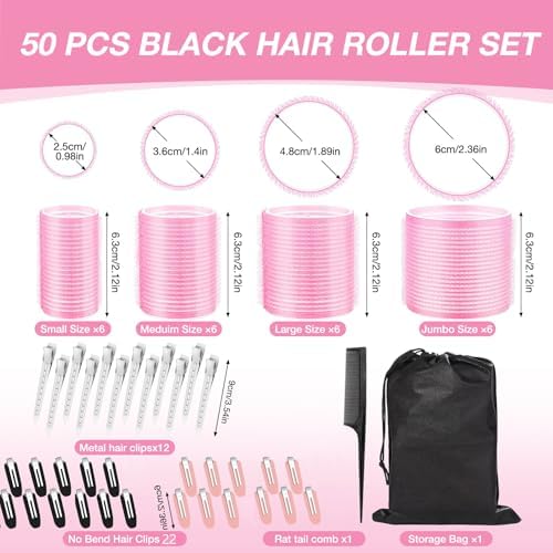 60 Pcs Hair Rollers for Women, Rollers Hair Curlers, 24 Pcs in 4 Sizes(60/48/36/25mm), Self Grip Hair Rollers Set with 34 Pcs Stainless Steel Clips for Long, Medium, Short, Storage Bag, Comb - Image 2