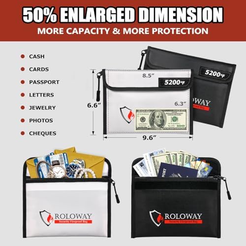 ROLOWAY Fireproof Bag (9.6 x 6.6 inches) 5200℉ Heat Insulated, Fireproof Money Bag with Zipper for Cash (2-Pack) - Image 4