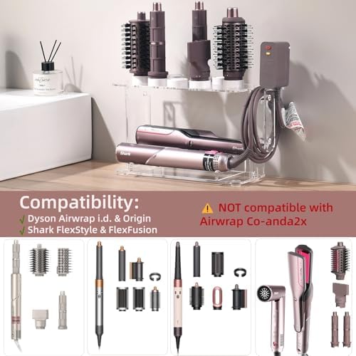Dyson Airwrap Holder, Dyson Airwrap Wall Mount Clear Acrylic Organizer, Shark Hair Dryer Holder Stand with 8 Slots Cord Hook, Heat-Resistant Storage for Bathroom/Vanity UEMUSI - Image 2