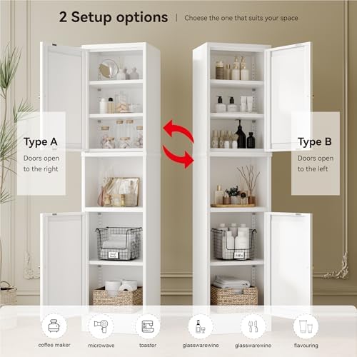 YAUWOH 2-Door Metal Storage Cabinet, Tall Slim Pantry Organizer with 3 Adjustable Shelves (120LBS/Shelf), Anti-Tipping Waterproof Cabinet for Bathroom/Kitchen/Home Office/Small Spaces, (1PC,White) - Image 5