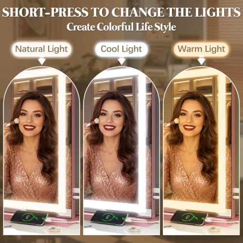 FENNIO Vanity Mirror with Lights 32''x22'' Makeup Mirror with Lights,Lighted Makeup Mirror with 10X Magnification and USB，Smart Touch Screen with 3-Color Lighting,Dimmable（Square Pink） - Image 2