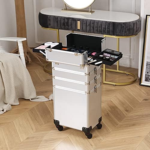4 in 1 Rolling Makeup Train Case, Professional Aluminum Makeup Travel Organizer Cosmetic Case, Cosmetology Caboodle Case on 360° Wheels, Beauty Storage Luggage Lockable(Silver) - Image 4