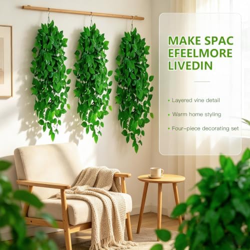 Artificial Hanging Plants, 4pcs Fake Pothos Vine Greenery for Wall Decor - Indoor Outdoor Home Living Room Hanging Decor, No Basket Included - Image 3