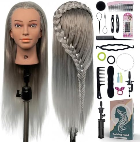 Mannequin Head 24-25inch, Synthetic Fiber Hair Mannequin Head, Beauty And Hairdressing Model Practice Head, with Clip-on Stand Set (Silver) by Unknown