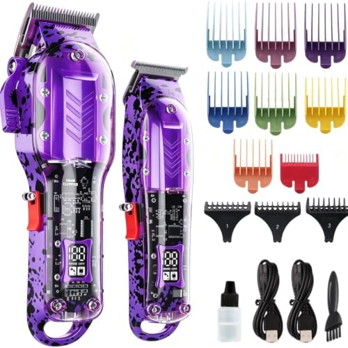 Professional Hair Clippers for Men, Cordless Barber kit for Hair Cutting & Grooming, Hair Clippers and Trimmer Set for Barber Haircut with LED Display, 8 Fade Taper Combs(Purple Set) by Tuanchuanrp