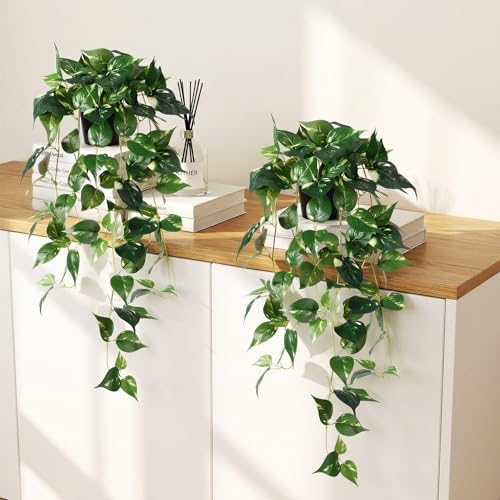 Artificial Hanging Plants with Pots - 33" Fake Pothos Silk Greenery for Indoor Outdoor, Realistic Faux Plants Potted for Shelves Bedroom Bathroom Trailing Plant, Dark Green 2 Pack by Unknown