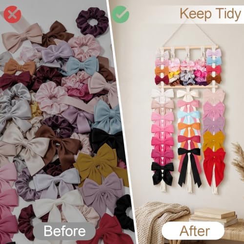Macrame hair accessories organizer Wall Mounted,No-Drill Bow Holder - Image 5