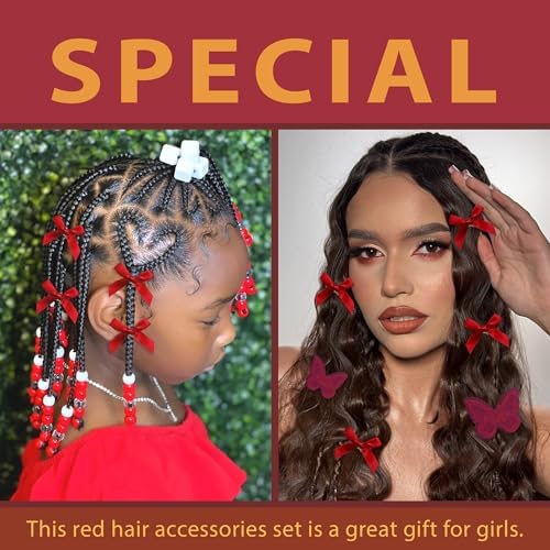 100PCS Hair Beads for Braid Wine Red Mini Bow Hair Clips Lace Embroidery Butterfly Hair Clips Gradient Acrylic Pony Beads Loc Dreadlock Kits for Women - Image 2