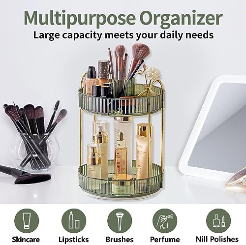 Asayuee 360 Rotating Makeup Organizer,2 Tier Large Capacity Make Up Organizers and Storage,Skincare Perfume Vanity Organizers,Bathroom Cosmetics Storage Organizer Countertop (Green) - Image 6