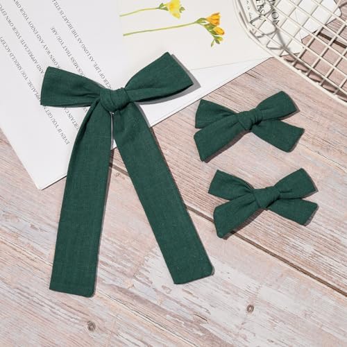 DEEKA Dark Green Cotton Linen Hair Bows 2 Sizes 5"&3.5" Soft Hair Bow set for Toddler Girls Long Ponytail Knot Bows Alligator Clip Hair Accessories for Little School Girls (Dark Green) - Image 5