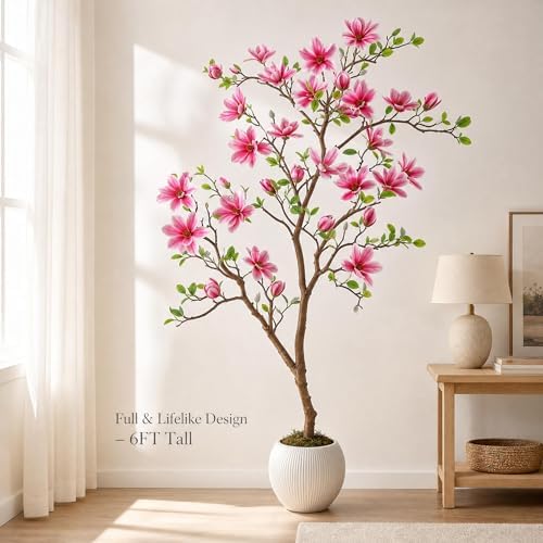 Artificial Magnolia Tree with Soft Pink Blooms, 6FT, Lifelike Faux Magnolia Tree in Pot, Silk Artificial Flowering Tree for Indoor Home Decor, Living Room, Office, Bedroom, Entryway - Image 5
